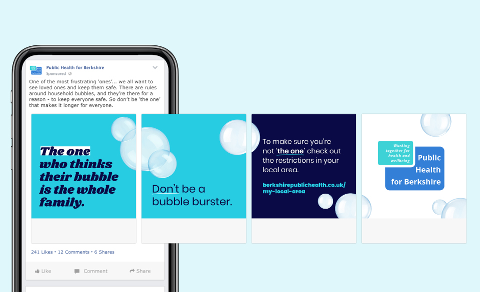 A social media carousel featuring a campaign message urging people to keep a small social bubble.