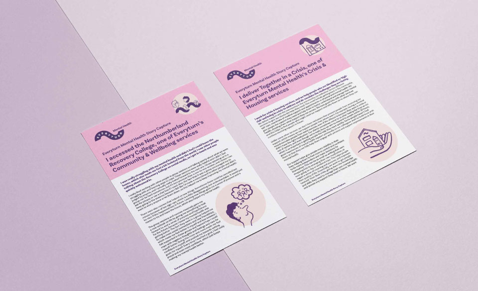 Two case study pages showing content and illustrations.