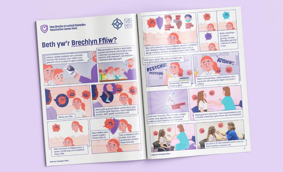 A 2 page spread of the Welsh comic version of the Flu vaccination animation.