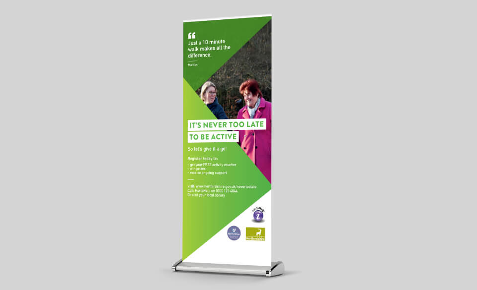 A pop-up banner showing older women walking, the campaign tagline and a quote.