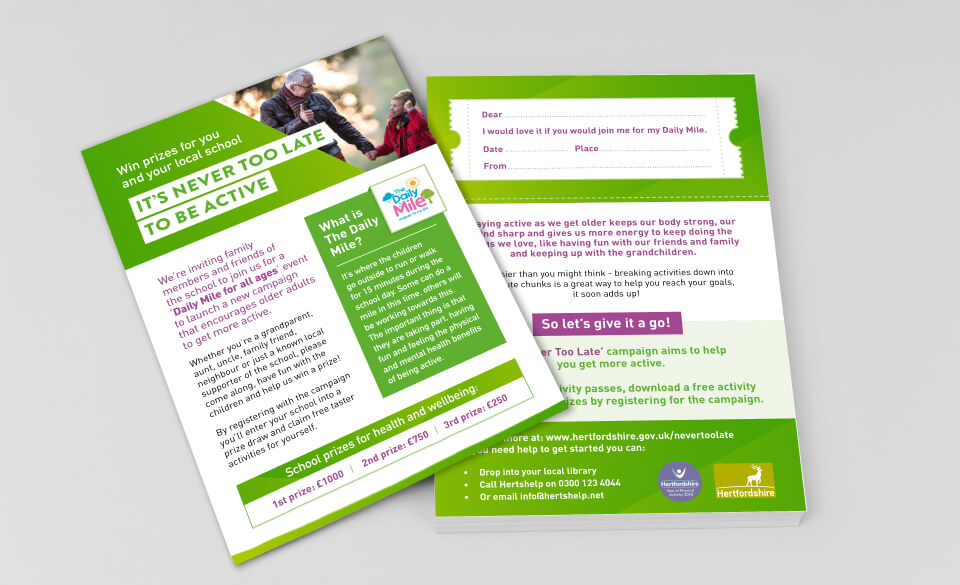 A stack of flyers featuring an older man walking with a child, urging readers to be active.