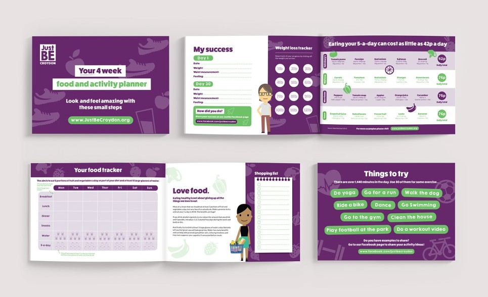 An image of four page spreads for a designed food and activity planner for Just Be Croydon.