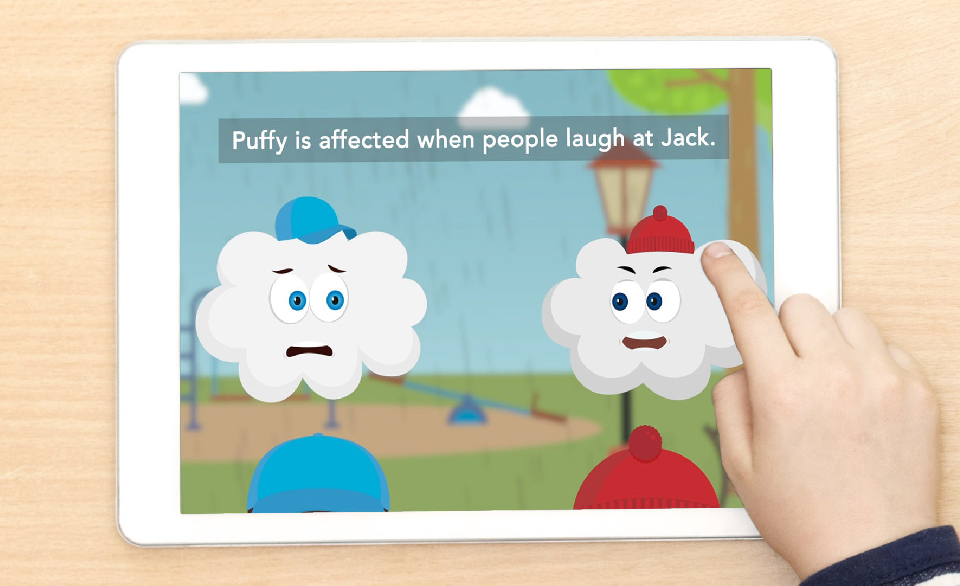 An Ipad displays the Just Talk animation video.