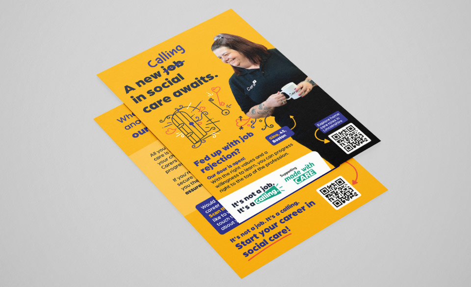 Front and back sides of a campaign branded flyer with a carer surrounded by illustrations.
