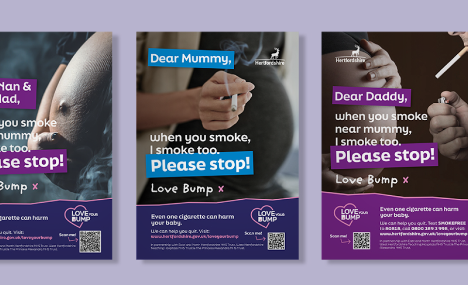 3 campaign posters in a row showing pregnant women smoking, placed on a light purple backdrop.