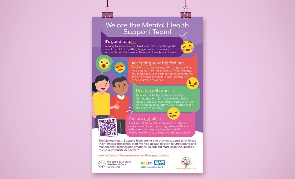 A colourful poster design featuring cartoon illustrations of 2 children alongside various tips to help with mental health.