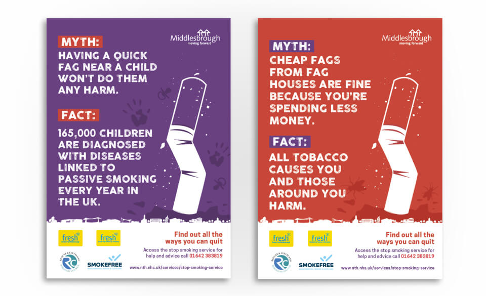 Campaign posters featuring illustrated cigarettes and smoking myths and facts.