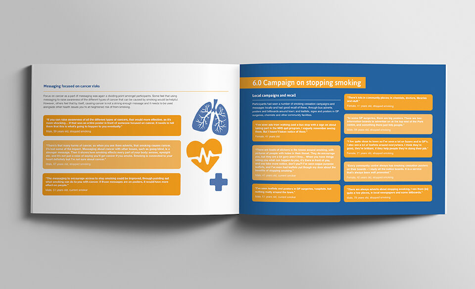 An illustrated insight report opened onto pages detailing cancer risks and local campaign feedback.