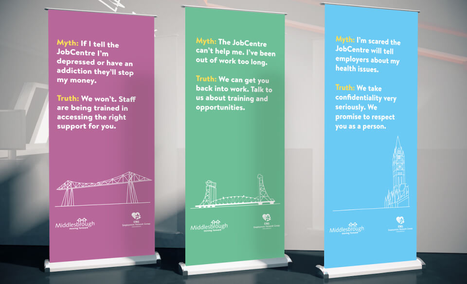 Pop-up banners displaying job centre myths and facts with images of Middlesbrough landmarks.