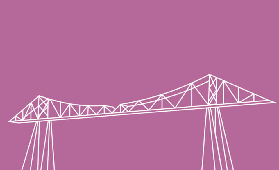 A minimalist line drawing of the Tees transporter bridge in Middlesbrough.