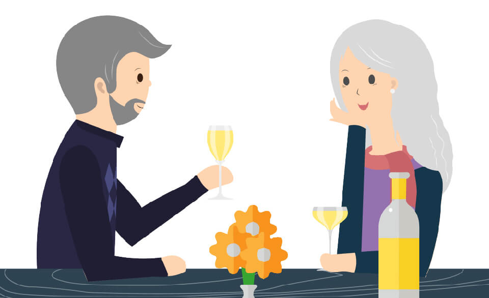 An illustrated mature couple smile and drink wine against a plain white backdrop.