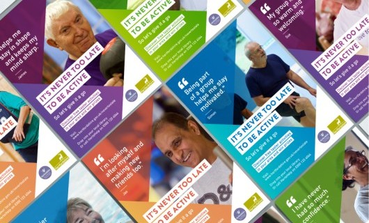 A montage of campaign posters featuring an elderly person being active and a motivational quote.