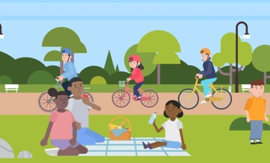 An illustration of families exercising and spending time together in a park.