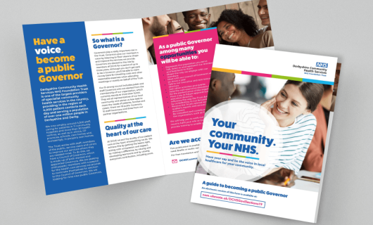 The colourful front and interior pages of the NHS 'how to become a governor' guides are displayed.