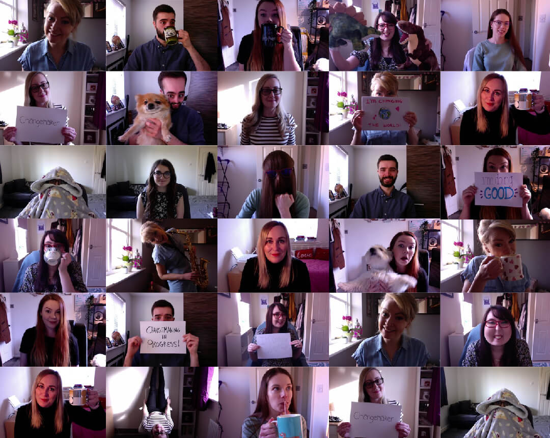 A montage of different photos of each of the Social Change UK team members in various positions.