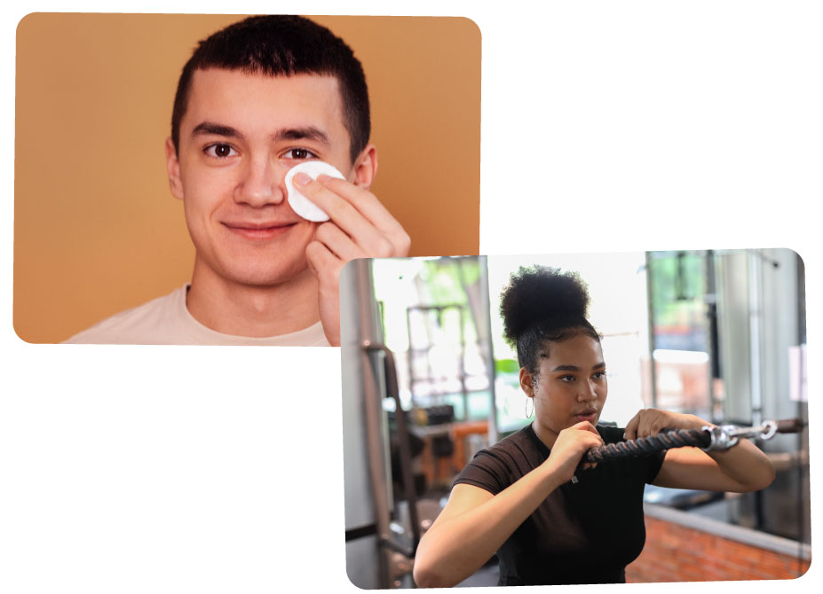 2 images, one of a teenage boy cleansing his skin and another of a young girl using weighted cable equipment at the gym.